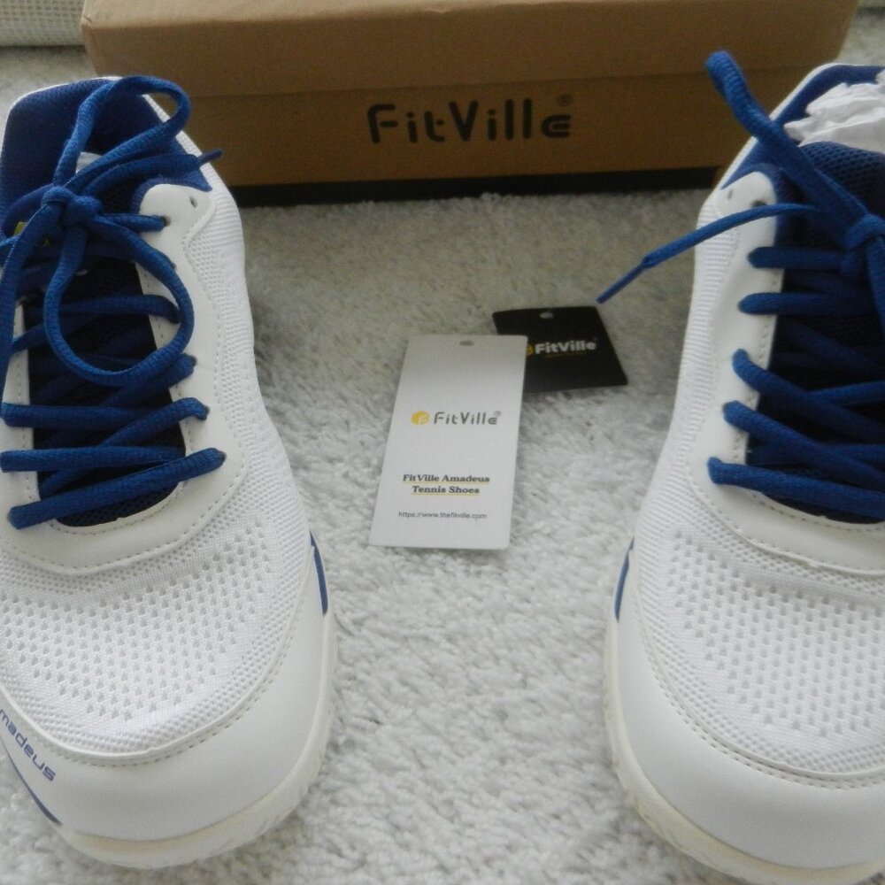 FitVille Amadeus Men's sneakers, size 9 wide, white w/blue trim.